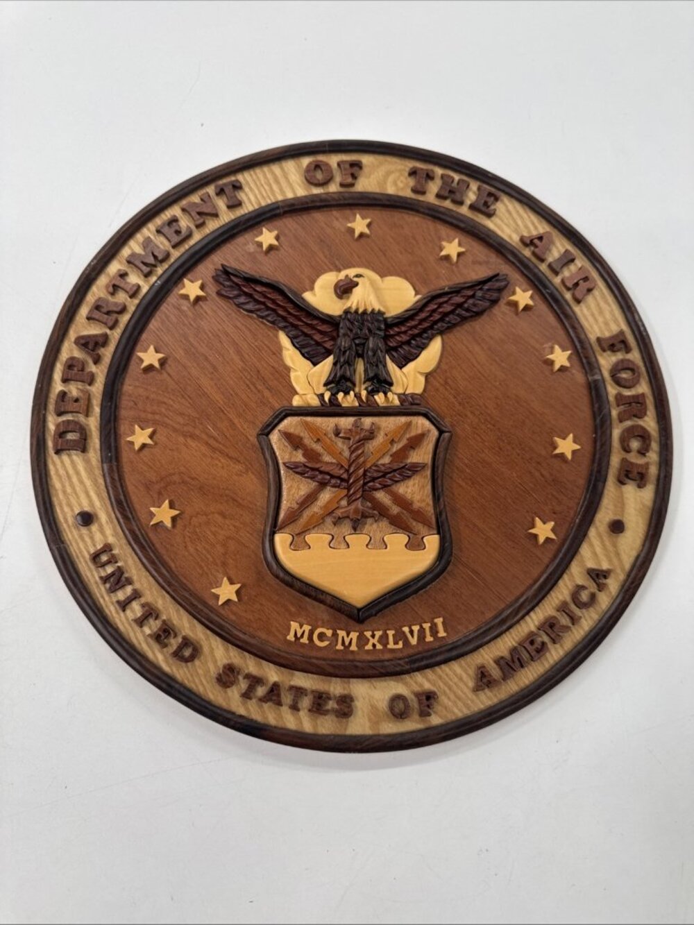 Vintage USAF Wood Wall Plaque Carved Department of the Air Force Seal Brown Sign